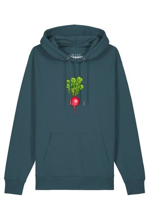 Donker teal hoodie met voorzak en een kleurrijke radijs afbeelding gecentreerd onder de trekkoorden op de borst.