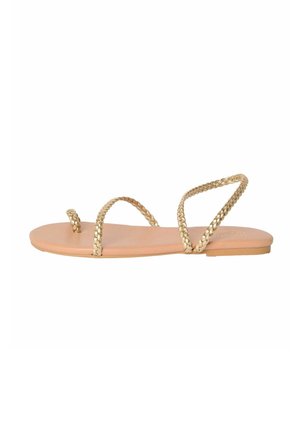 Sandalias con tiras trenzadas doradas y suela plana en tono marrón. Presenta dos tiras trenzadas finas que cruzan sobre el pie y un lazo para el dedo del pie para un ajuste seguro.