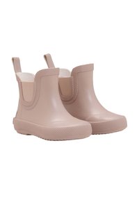 Bottines imperméables rose pâle avec panneaux latéraux élastiques, semelles en caoutchouc texturé et tirants pour un enfilage facile. Fini lisse partout.