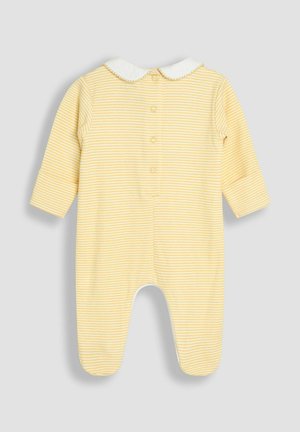 Body neonato a righe gialle con colletto bianco, maniche lunghe, chiusura a bottoni sul retro e design con piedi. Materiale in cotone morbido.