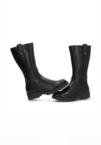 Botas negras hasta la rodilla hechas de cuero suave con punta redondeada, suela de goma ligeramente texturizada y detalle de costura lateral.