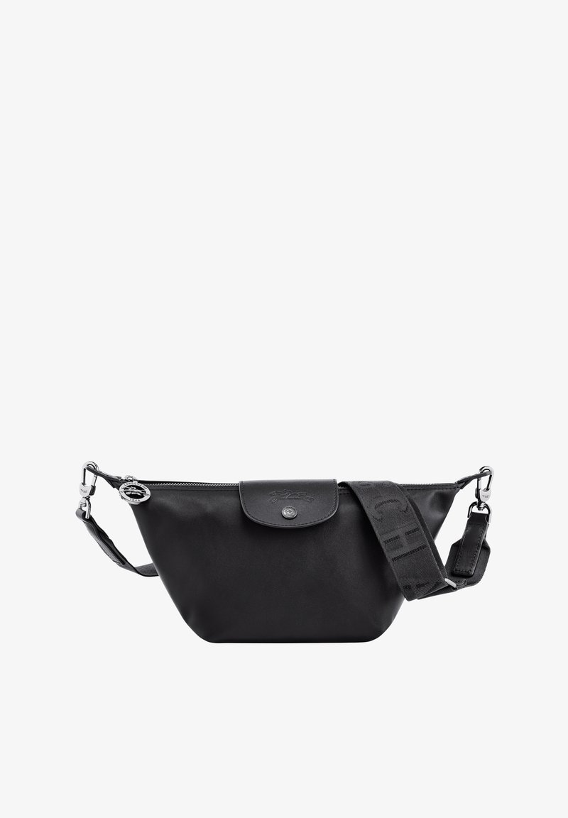Black leather bag with a curved shape, top zipper closure, and adjustable strap featuring embossed logo patterns. Subtle branding on flap.