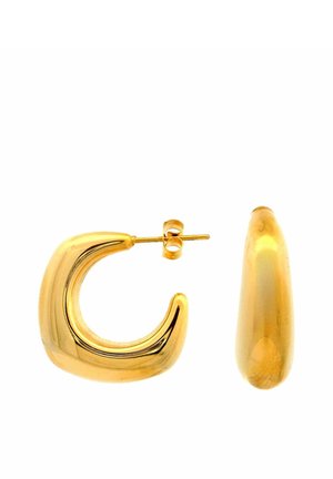 Coppia di spessi orecchini a cerchio in oro di forma quadrata con superfici lisce e lucide e perni dritti con chiusure a farfalla.