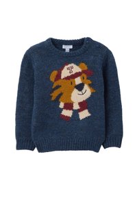 Gebreide blauwe trui met een pluizig leeuwontwerp, voorzien van een rood-witte gestreepte sjaal en een rood petje. Inclusief knoopsluiting op de schouder.