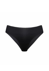 Czarne bezszwowe figi wykonane z gładkiego, elastycznego materiału. Charakteryzują się niskim stanem oraz czystymi brzegami bez widocznych szwów i ozdób.