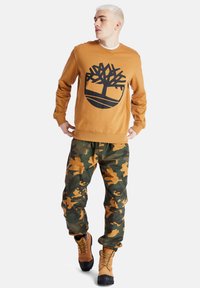 Felpa marrone con logo ad albero nero, abbinata a pantaloni cargo mimetici verdi e arancioni. Stivaletti marroni stringati completano l'outfit.