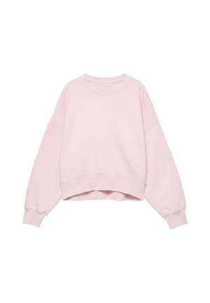 Felpa corta rosa chiaro con maniche lunghe, polsini, orlo a coste e scollo rotondo su sfondo bianco.