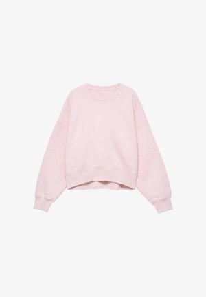 Hellrosa cropped Sweatshirt mit langen Ärmeln, gerippten Bündchen, Saum und rundem Halsausschnitt vor weißem Hintergrund.