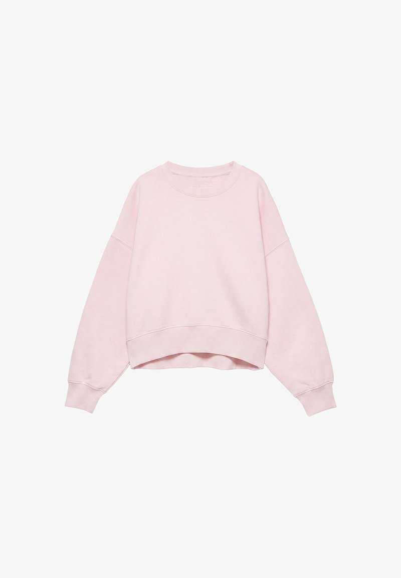 Sweat-shirt court rose clair avec manches longues, poignets, ourlet côtelés et encolure ronde sur fond blanc.