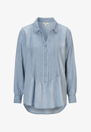 Helles blaues Denim-Bluse mit langen Ärmeln, Knopfschluss und gefaltetem Frontdetail. Verfügt über einen Peplum-Saum und einen Kragen.