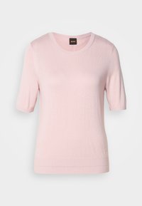Light pink short-sleeve sweater with a round neckline. Made of soft fabric, featuring ribbed accents at the sleeves and hem.