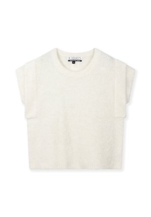 Cremefarbener, weicher Strickpullover ohne Ärmel mit Schulterpolstern und rundem Ausschnitt, in Größe Medium mit dem Etikett "10 DAYS".