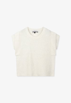 Crèmekleurige zachte gebreide mouwloze trui met schoudervullingen en een ronde hals, met het label "10 DAYS" in maat medium.