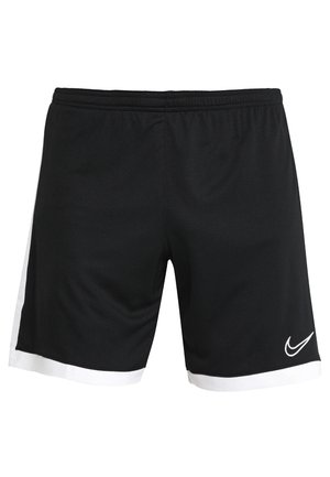 Shorts de sport noirs avec panneaux latéraux blancs et ourlet, avec une taille élastique et un logo Nike swoosh blanc sur la partie inférieure de la jambe droite.