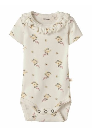 Weißer Baby-Body mit kurzen Ärmeln, kleinen gelben und rosa Blumenmustern, gerafftem Halsausschnitt und Druckknöpfen am unteren Bereich.