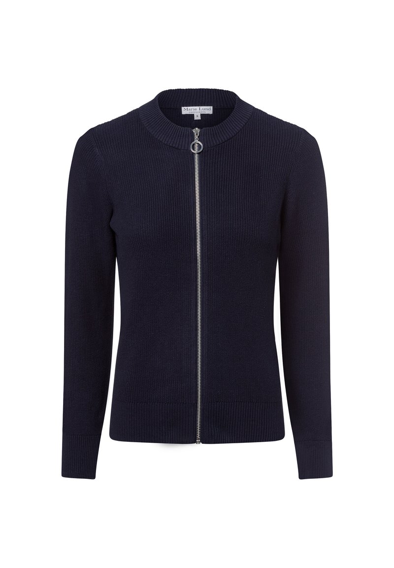 Marineblauer, gerippter Strickcardigan mit rundem Kragen und silbernem Reißverschluss, der lange Ärmel und eine taillierte Silhouette aufweist.