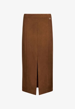 Gonna pencil midi in suede marrone con spacco frontale e piccolo logo metallico vicino alla vita.