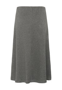 Gonna grigia fino al ginocchio in un tessuto morbido e elastico. Presenta una cintura liscia e una silhouette svasata con un design semplice e pulito.