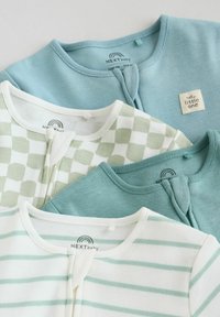 Body en coton doux pour bébé avec fermeture éclair, en rayures vert pastel, carreaux, et uni bleu sarcelle, l'un avec un patch « bonjour petit » sur la poitrine.