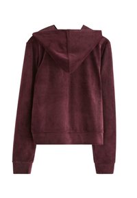 Bordeaux hoodie met een zachte, fluwelen textuur. Heeft lange mouwen, een aansluitende zoom en een eenvoudig, minimalistisch ontwerp.
