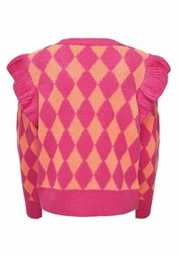 Pull tricoté à losanges rose et pêche avec détails volantés aux épaules et poignets et ourlet côtelés, vu de dos.