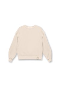 Beżowy, skrócony sweatshirt z długimi, luźnymi rękawami, prążkowanym okrągłym dekoltem i teksturowanym detalem na dolnej lewej stronie. Miękka faktura tkaniny.