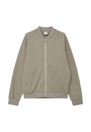 Olivengrøn lynlåstrøje med tekstureret stof, ribstrikket krave og manchetter samt en forlænget, afrundet form. Inkluderer to sidelommer.