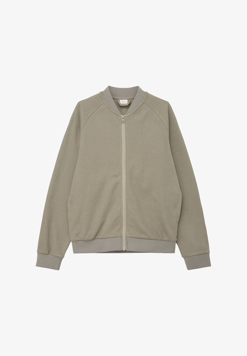 Veste zippée vert olive en tissu texturé, avec col et poignets côtelés, de forme allongée et arrondie. Comprend deux poches latérales.