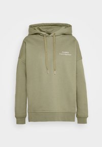 Sweat à capuche vert olive en mélange de coton, doté d'une poche avant et du texte "CLOSED Creative Department" en blanc. Cordon de serrage avec embouts métalliques.