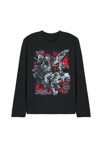 Schwarzes Langarm-T-Shirt mit einem grafischen Druck von robotischen Figuren, roten und grauen Akzenten sowie dem Text "Transformers" am unteren Rand.