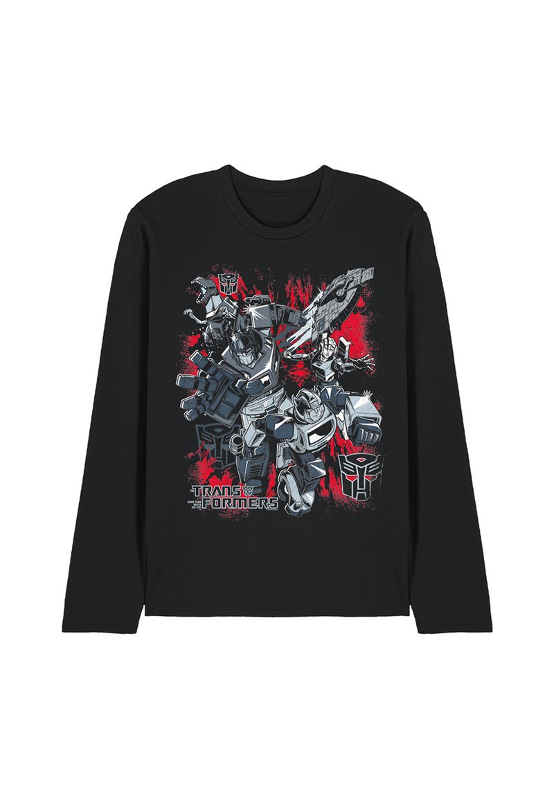 Schwarzes Langarm-T-Shirt mit einem grafischen Druck von robotischen Figuren, roten und grauen Akzenten sowie dem Text "Transformers" am unteren Rand.