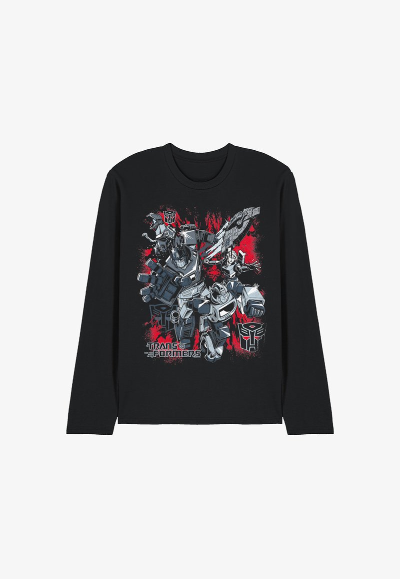 Schwarzes Langarm-T-Shirt mit einem grafischen Druck von robotischen Figuren, roten und grauen Akzenten sowie dem Text "Transformers" am unteren Rand.