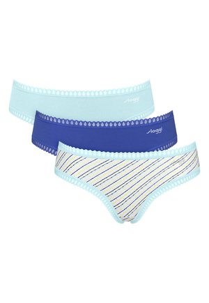 Three women's bikini-style underwear with lace trim, in solid light blue, solid dark blue, and light blue with diagonal stripes.