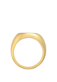 Goldring mit einer glatten, polierten Oberfläche. Rundliche Form und mittelbreiter Ring, der oben eine subtile Krümmung für ein elegantes Design aufweist.