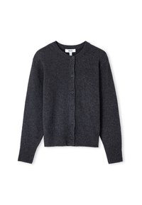 Donkergrijze, lange mouw cardigan met ronde hals, geribbelde manchetten en onderrand, en zes knopen aan de voorkant, plat weergegeven op een witte achtergrond.