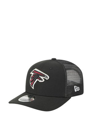 Black cap with a curved brim. Features a textured mesh back and an embroidered red and white Falcon logo on the front.