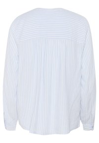 Blouse à manches longues rayée bleu clair et blanc avec un dos plissé et des poignets boutonnés. Confectionnée dans un tissu doux avec une coupe décontractée.