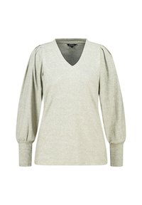 Lichtgrijze pullover top met een V-hals, verlengde pofmouwen en aansluitende manchetten. Gemaakt van zachte, gestructureerde stof.