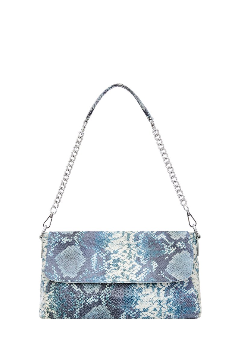 Kék és ezüst pikkelybőr clutch táska lánc pánttal. Kihajtós záródással és mintás textúrával rendelkezik.