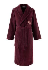 Burgundy robe made of soft, plush fabric. Features a shawl collar, belted waist, and a pocket with an embroidered design.