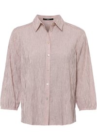Chemise légère boutonnée de couleur rose pâle avec des rayures verticales blanches. Dotée d'un col classique et de manches trois-quarts.