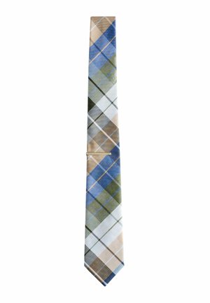 Slim necktie with diagonal plaid pattern in blue, green, beige, and white tones, featuring a silver tie clip near the center.
