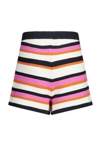 Raidalliset sortsit valkoisena, joissa on vaakasuoria raitoja vaaleanpunaisena, oranssina, mustana ja laivastonsinisenä. Rypytetty vyötärö, jossa on tekstuuri.