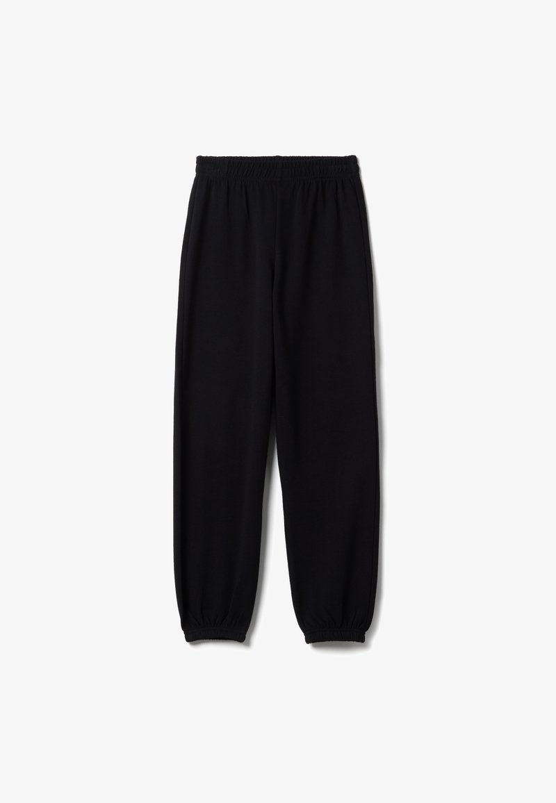 Pantalon de survêtement noir avec une ceinture et des poignets élastiques. Fabriqué en tissu doux et extensible, présentant un design simple sans motifs apparents.