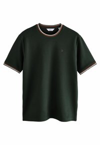 Dark green short-sleeve shirt with a textured fabric, featuring a ribbed collar and sleeve cuffs with red, white, and black stripes. Small logo on chest.