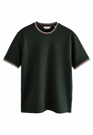Dark green short-sleeve shirt with a textured fabric, featuring a ribbed collar and sleeve cuffs with red, white, and black stripes. Small logo on chest.