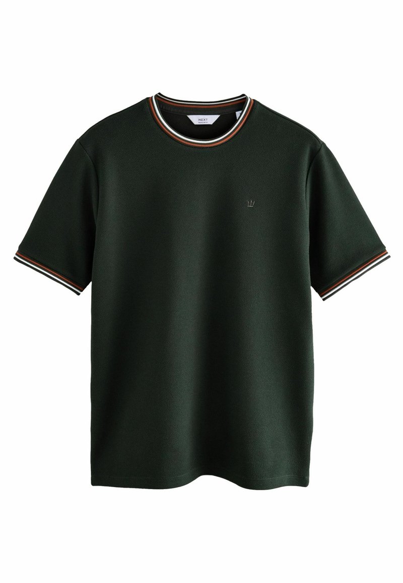 Dark green short-sleeve shirt with a textured fabric, featuring a ribbed collar and sleeve cuffs with red, white, and black stripes. Small logo on chest.