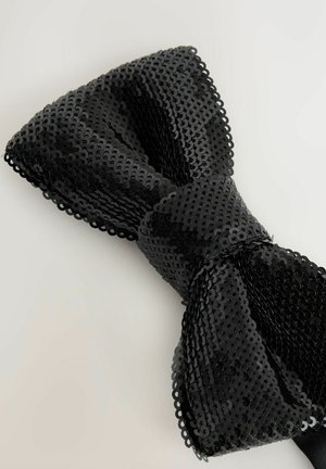Black bow tie made of tightly arranged sequins, featuring a shiny texture and rounded edges, with a central knot detail.