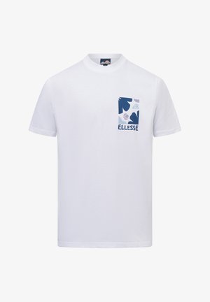 Weißes Baumwoll-T-Shirt mit Rundhalsausschnitt, mit einem blauen und lila grafischen Muster auf der linken Brusttasche, markiert mit "ELLESSE".