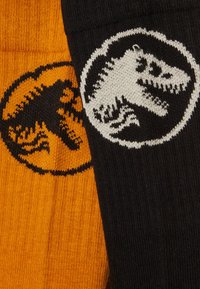 Socks pretos e laranjas com tricot texturizado, apresentando logótipos de dinossauros em contraste, em branco e preto. Cada meia retrata um design de logótipo diferente.